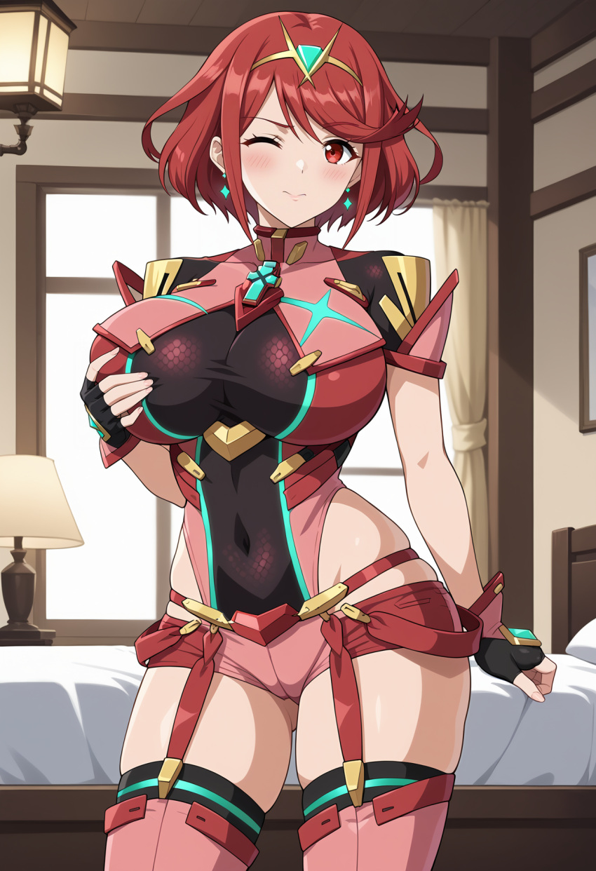 1girl accurate_art_style alluring androidparanoid big_breasts clothed core_crystal fondling_own_breast heroine milf nintendo pin_up pyra red_hair short_hair xenoblade_(series) xenoblade_chronicles_2