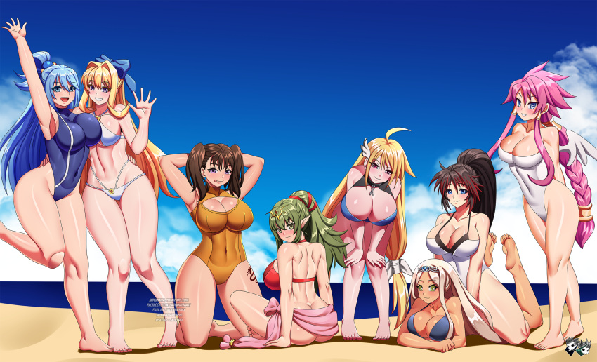 1girl 6+girls 8girls alluring alternate_costume angeloid aqua_(konosuba) artina ass astraea astraea_(sora_no_otoshimono) asymmetrical_docking beach big_breasts bikini breast_press cleavage crossover diane_(nanatsu_no_taizai) disgaea disgaea_3 disgaea_4 female_only fire_emblem fire_emblem_awakening fire_emblem_heroes jadenkaiba kadokawa_shoten kono_subarashii_sekai_ni_shukufuku_wo! large_ass multiple_girls nanatsu_no_taizai nanbu_kaguya nintendo nippon_ichi_software ocean official_alternate_costume outside pose project_x_zone red_bikini red_swimsuit sapphire_rhodonite sarong seaside shiny_skin sora_no_otoshimono swimsuit the_pose thick_thighs thighs thighs_together tiki_(adult)_(fire_emblem) tiki_(adult)_(summer)_(fire_emblem) tiki_(fire_emblem)