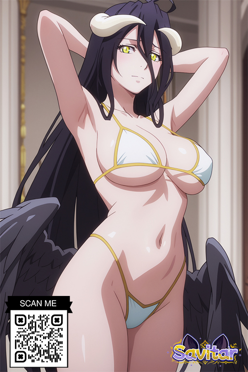 1girl 1girl 1girl ahoge albedo_(overlord) armpits arms_behind_head arms_up bangs bare_shoulders big_breasts bikini black_feathers black_hair black_wings blush breasts cleavage closed_mouth clothing demon_girl demon_horns demon_wings feathered_wings feathers female_only groin hair_between_eyes highleg highleg_bikini horns indoors littlehentai long_hair looking_at_viewer low_wings navel overlord_(maruyama) savitar savitar_(artist) shiny_hair shiny_skin slit_pupils smile standing stomach swimsuit thighs under_boob very_long_hair white_bikini white_horns wings yellow_eyes