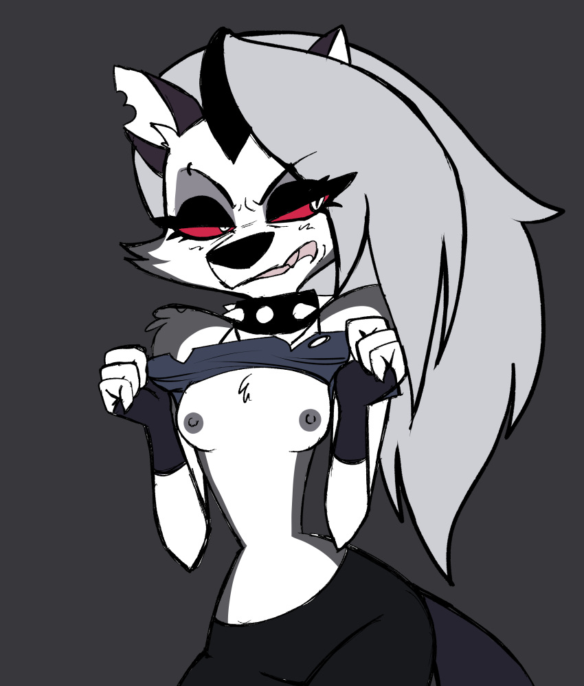 1girl 1girl 2021 absurd_res angry anthro black_nipples breasts canid canid_demon canine clothed clothing clothing_lift collar demon dr._pizza_boi fur hellhound helluva_boss high_res inkershike loona_(helluva_boss) mammal mythological_canine mythological_creature mythology nipples notched_ear on_model red_sclera shirt shirt_lift small_breasts spiked_collar spikes topwear white_body white_fur